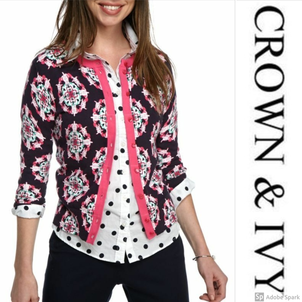 Crown & Ivy Women's Cardigan Sweater Button Up Navy Fuchsia Size XS Sā NWT